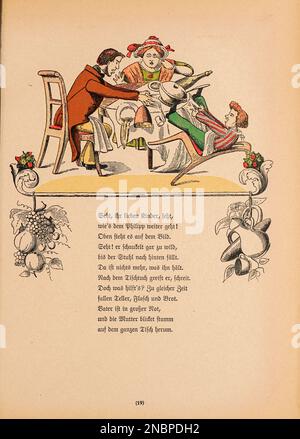 Die Geschichte vom Zappel philipp - The story of fidgety philipp from the original German Version of the book ' Das Struwwelpeter-album : aus Bilderbüchern ' by Hoffmann, Heinrich, 1809-1894 Publication date 1900 Publisher Frankfurt am Main : Rütten & Loening [ Der Struwwelpeter ('shock-headed Peter' or 'Shaggy Peter') is an 1845 German children's book by Heinrich Hoffmann. It comprises ten illustrated and rhymed stories, mostly about children. Each has a clear moral that demonstrates the disastrous consequences of misbehavior in an exaggerated way.[1] The title of the first story provides the Stock Photo