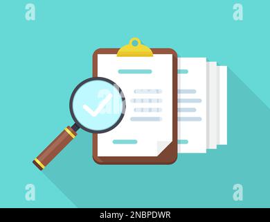 Audit documents with magnifying glass and check in a flat design with long shadow Stock Vector
