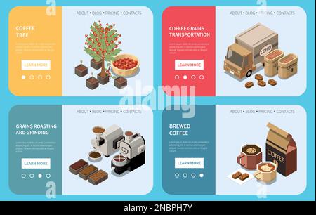 Coffee production industry landing pages providing information about coffee tree grains roasting and grinding brewed coffee isometric vector illustrat Stock Vector
