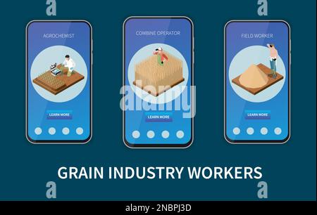 Wheat grain industry isometric mobile app set of three smartphone screens with information about agrochemist combine operator field worker professions Stock Vector