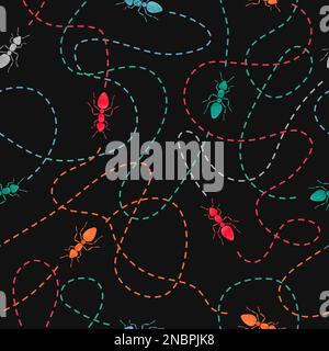 Colorful watercolor ants with traces seamless pattern. Vector dark background. Stock Vector