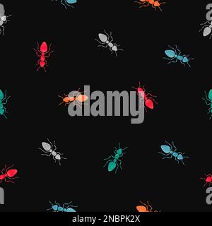 Seamless colorful watercolor ants pattern. Vector dark background. Stock Vector