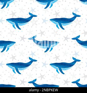 Seamless watercolor whale pattern. Vector marine background. Stock Vector