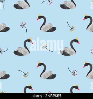 Seamless watercolor black swans pattern. Vector background Stock Vector