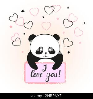 Vector illustration of cute cartoon panda bear in love. Valentine card design. Stock Vector