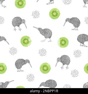 Seamless pattern with watercolor kiwi birds and kiwi fruit slices. Stock Vector