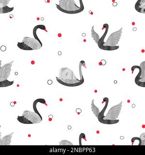 Seamless watercolor black swans pattern. Vector background. Stock Vector