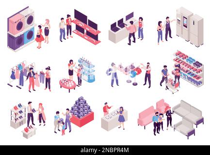 Isometric shop assistant set with sellers helping customers in various stores isolated 3d vector illustration Stock Vector