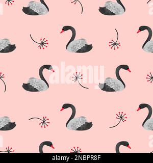 Seamless pattern with watercolor black swans on pink. Vector background Stock Vector