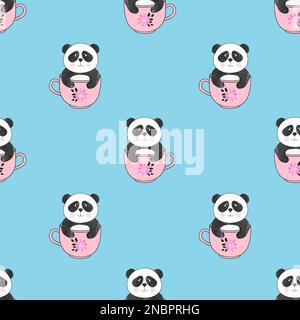 Seamless pattern with cute panda bears in cups. Vector background for kids design. Stock Vector