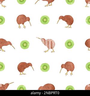 Seamless pattern with watercolor kiwi birds and kiwi fruit. Stock Vector