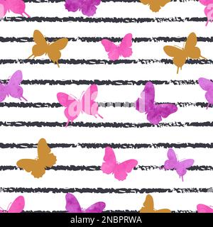 Seamless striped pattern with purple butterflies. Vector background. Stock Vector