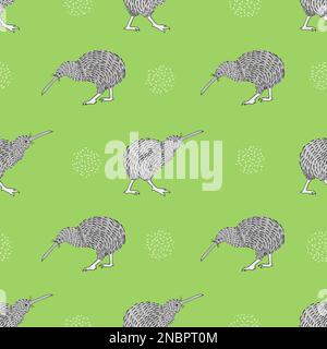 Seamless vector pattern with watercolor kiwi birds on green. Stock Vector