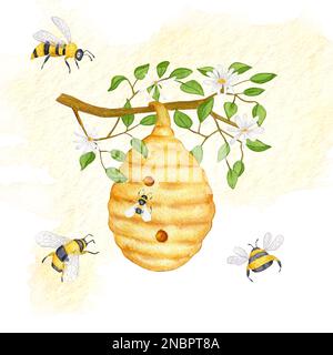 Digger Bee Beehive Watercolour Illustration 4 Art Print by Flora  Expressions - Fy