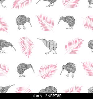 Seamless tropical trendy pattern with watercolor kiwi birds and palm leaves. Vector summer background. Stock Vector