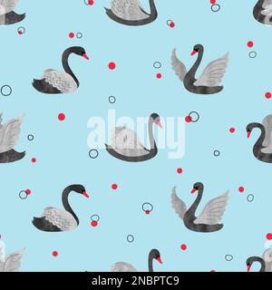 Seamless pattern with watercolor black swans on blue. Vector background. Stock Vector