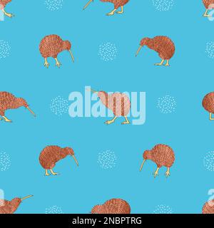 Brown Kiwi birds on blue seamless pattern. Vector background. Stock Vector
