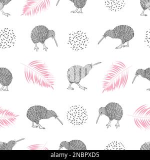 Seamless pattern with watercolor kiwi birds and palm leaves. Vector summer background. Stock Vector