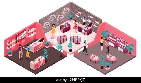 Isometric cosmetics store interior with female shop assistants helping customers choose products 3d vector illustration Stock Vector