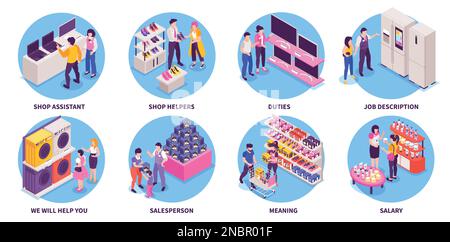 Shop assistants helping and recommending products to customers isometric compositions set isolated 3d vector illustration Stock Vector
