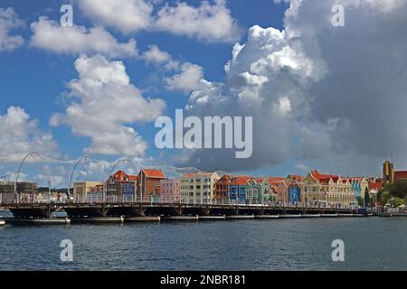 Queen Emma rotating pontoon bridge spanning St Anna Bay, Willemstadt, Curacao Stock Photo