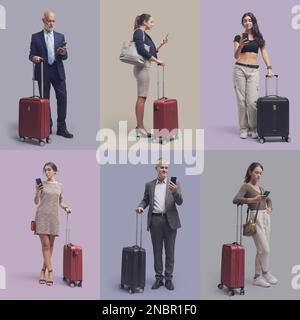 Traveling people holding a trolley bag and using their smartphones, set of portraits collage Stock Photo