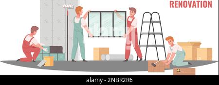 Renovation cartoon scene with handymen doing indoor repair works vector illustration Stock Vector