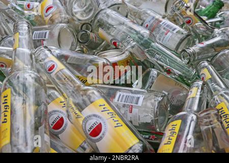 Empty glass beer bottles awaiting recycling Stock Photo