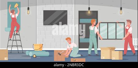 Renovation cartoon scene with workmen installing windows and making floor vector illustration Stock Vector