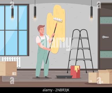 Renovation cartoon concept with male worker painting wall vector illustration Stock Vector