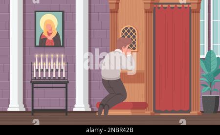 Christian church cartoon with man praying on his knees vector illustration Stock Vector