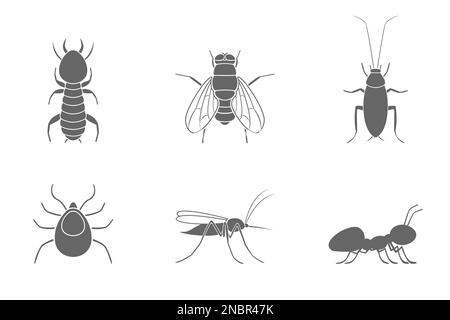 Set of insect silhouettes. Cockroach, termite, mosquito, fly, ant and tick. Vector. Stock Vector