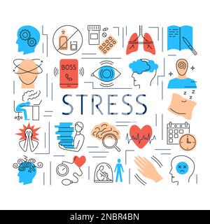 Business stress and burnout symptoms flat icons set isolated vector ...