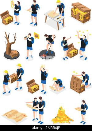 Treasure quest set with isometric icons and isolated images of jewels and treasure with human characters vector illustration Stock Vector