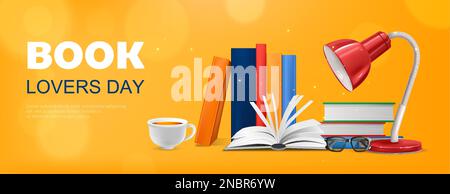 Realistic book lovers day horizontal background with composition of text and books with lamp and cup vector illustration Stock Vector