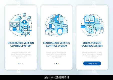Version control systems types blue onboarding mobile app screen Stock Vector