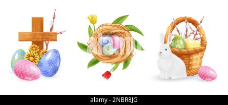 Realistic easter set with three isolated compositions of colored egg icons wooden cross nest and basket vector illustration Stock Vector