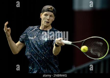 ROTTERDAM - Netherlands, 14/02/2023, Gijs Brouwer (NED) in action against Marc-Andrea Huesler (SUI) on the second day of the ABN AMRO Open tennis tournament in Ahoy. AP SANDER KING Stock Photo