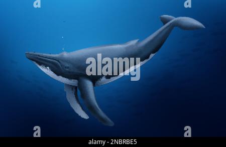 Lonely whale floating at sea depth realistic marine composition blue vector illustration Stock Vector