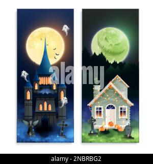 Halloween cartoon vertical banners with ghosts in old magic castle and   fest house decorated by colorful lamps cartoon vector illustration Stock Vector