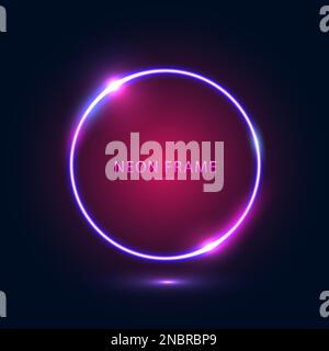 Neon round frame with lights on a dark blue background. Geometric shape of the glow contour or laser glowing lines. Stock Vector