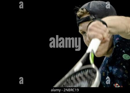 ROTTERDAM - Netherlands, 14/02/2023, Gijs Brouwer (NED) in action against Marc-Andrea Huesler (SUI) on the second day of the ABN AMRO Open tennis tournament in Ahoy. AP SANDER KING Stock Photo