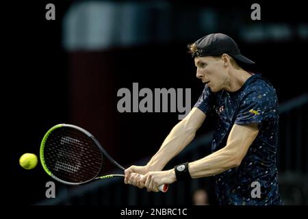 ROTTERDAM - Netherlands, 14/02/2023, Gijs Brouwer (NED) in action against Marc-Andrea Huesler (SUI) on the second day of the ABN AMRO Open tennis tournament in Ahoy. AP SANDER KING Stock Photo