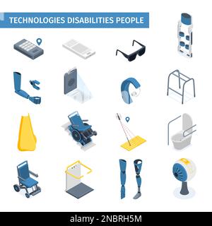 Isometric set of smart technology gadgets and bionic prosthesis for people with disabilities with exoskeleton walkers wheelchair elevator phone for bl Stock Vector