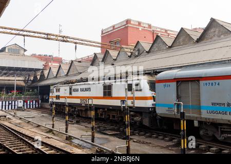 White Indian Railways train locomotive engine at Howrah Junction railway station, Howrah, Kolkata, West Bengal, India Stock Photo