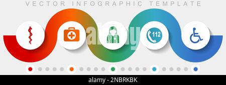 Healthcare infographic vector template with icon set, miscellaneous icons such as cadyceus, first aid, doctor, emergency call and wheelchair for webde Stock Vector