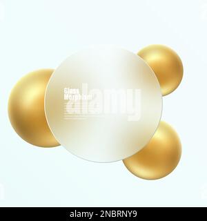 Effect of glass morphism. Round banner made of transparent frosted glass. Golden spheres on a white background. Realistic form of glassmorphism. Stock Vector