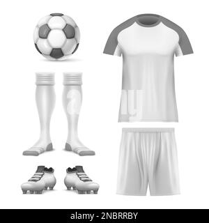 Realistic soccer mockup icon set uniforms and attributes for the soccer player vector illustration Stock Vector