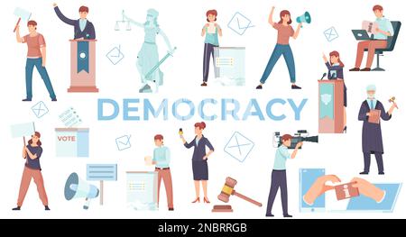 Democracy flat set of people busy in politics protests electioneering debate and voting process isolated vector illustration Stock Vector