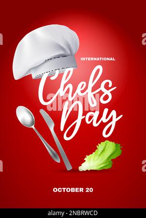 International chefs day poster vector illustration with chefs hat fork knife and lettuce leaf on red background vector illustration Stock Vector